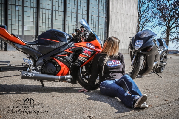 Ruth Harris with her Hayabusa drag bike for ShockerRacingGirls