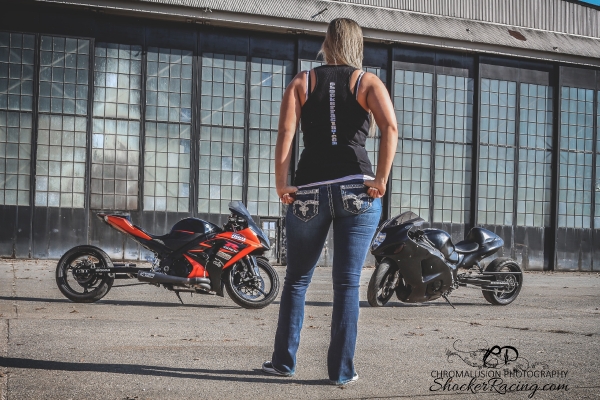 Ruth Harris with her Hayabusa drag bike for ShockerRacingGirls