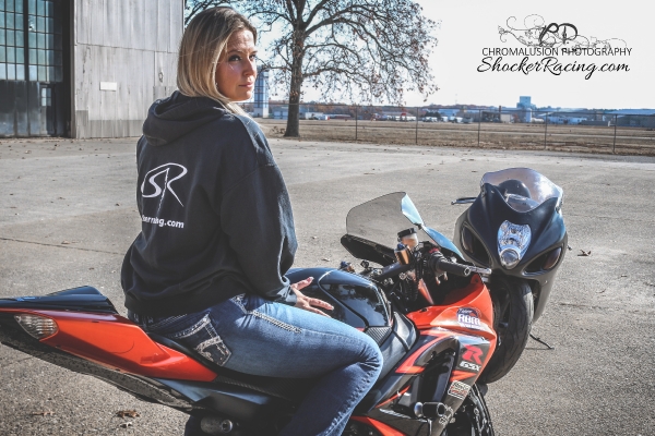 Ruth Harris with her Hayabusa drag bike for ShockerRacingGirls