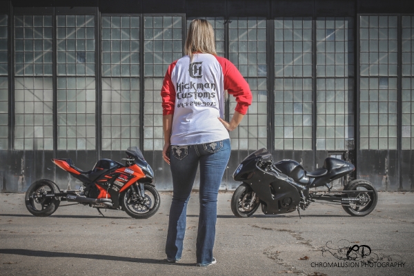 Ruth Harris with her Hayabusa drag bike for ShockerRacingGirls